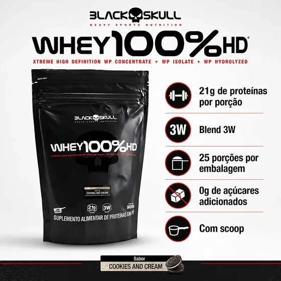 Foto 2 de Whey 100% HD Black Skull Refil 900g Cookies