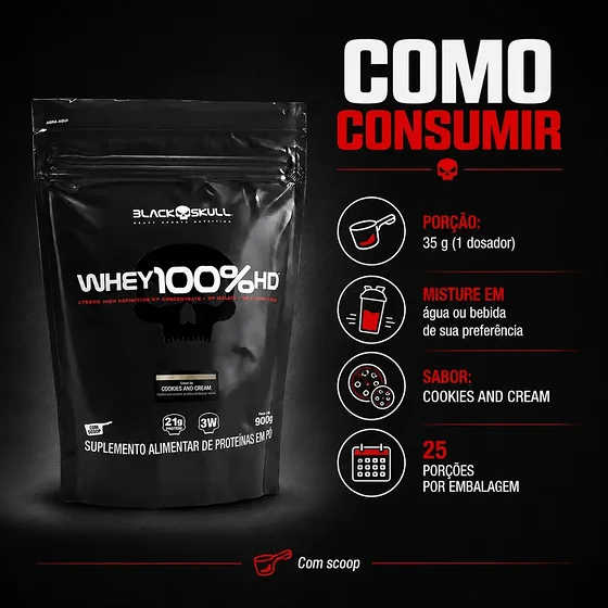 Foto 4 de Whey 100% HD Black Skull Refil 900g Cookies
