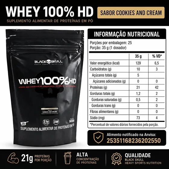 Foto 5 de Whey 100% HD Black Skull Refil 900g Cookies