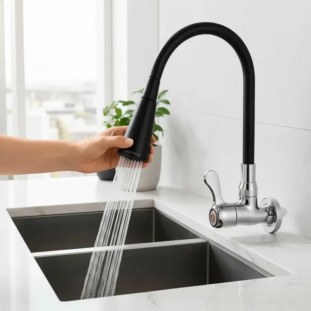 Torneira Gourmet Luxo Gourmet Flexível Cozinha Parede 2 Jatos Metal Cor Aço Inox Preto