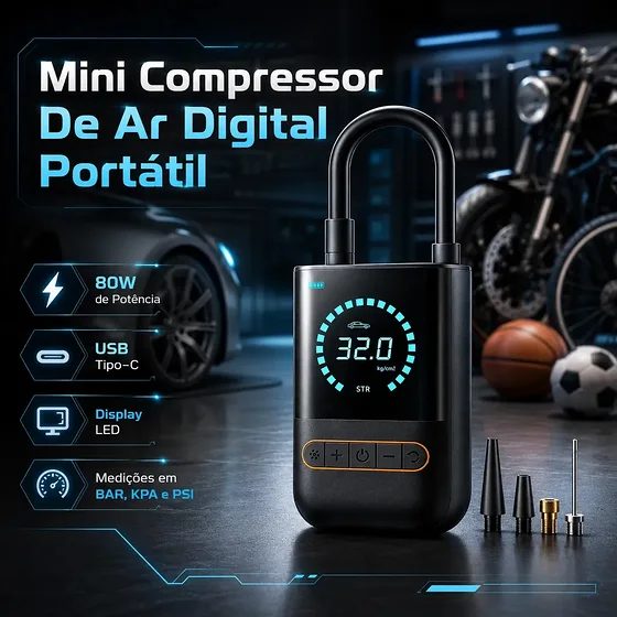 Foto 3 de Mini Compressor De Ar Digital Para Pneus Carro…