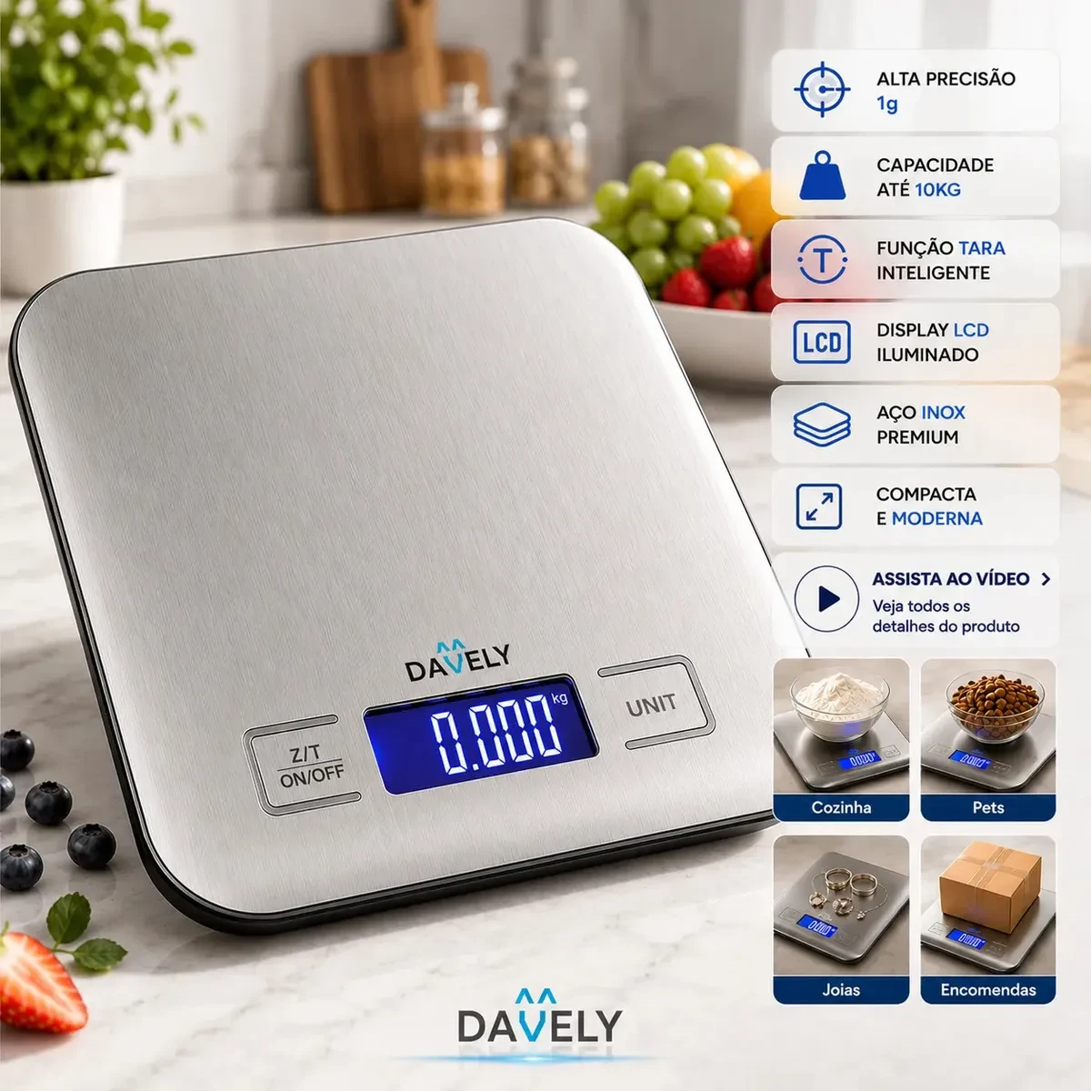 Balança Digital Cozinha eletrônica Touch 10kg Inox Display Led LCD culinária Fitness…