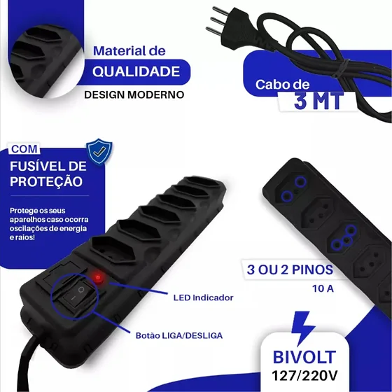 Foto 3 de Régua Extensão Elétrica 6 Tomadas Filtro Linha…
