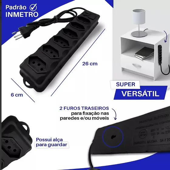 Foto 4 de Régua Extensão Elétrica 6 Tomadas Filtro Linha…