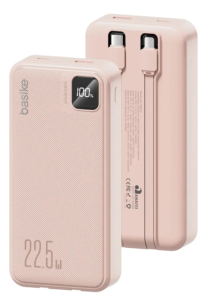 Power Bank Basike 20000mAh Rosa, Carga Rápida 22.5W para iPhone e Samsung, Com…
