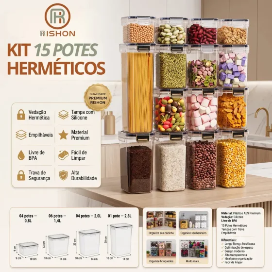 Kit 15 Potes Hermético Cadencia Mantimentos Quadrado Cozinha Branco Rishon 22,4…