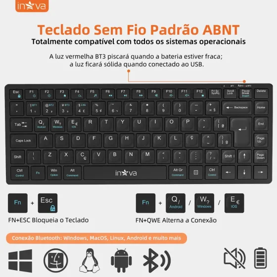 Foto 4 de Teclado Sem Fio Bluetooth Abnt2 Inova Silencioso…