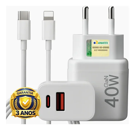 Carregador Turbo 40w Compativel Com iPhone 8 X Xr 11 12 13 14 Pro Max Usb Tipo C…
