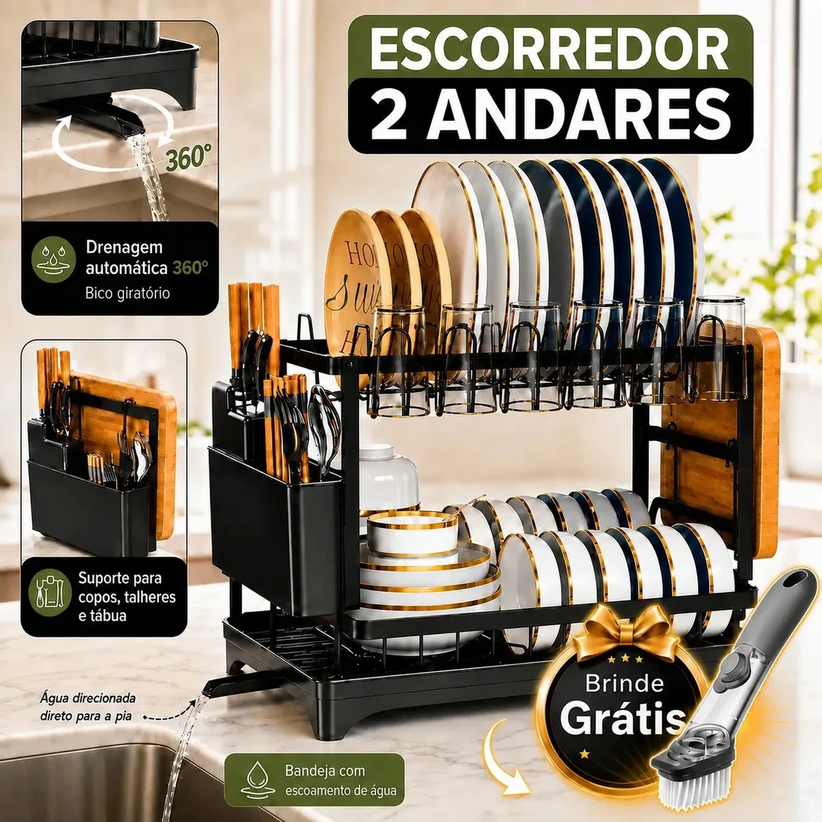 Escorredor De Louça dois andares para Prato Talheres Bancada Secador Organizador cozinha…