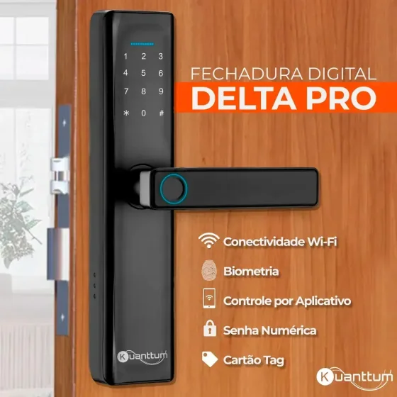 Fechadura Digital Kuanttum Delta Pro Wi-Fi para Porta de Madeira com Biometria e Senha