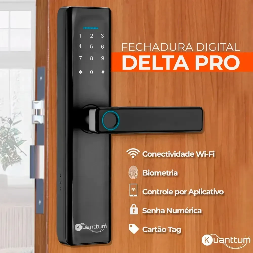 Fechadura Digital Kuanttum Delta Pro Wi-Fi para Porta de Madeira com Biometria e Senha