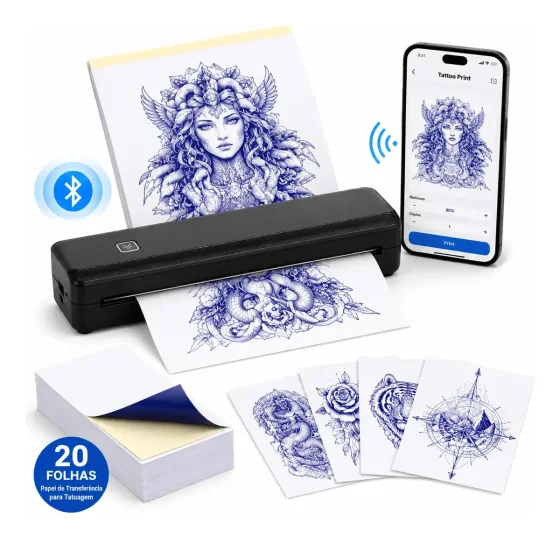 Impressora Termica Portatil A4 Bluetooth Sem Fio 1500mAh Com 20 Folhas Papel Decalque…
