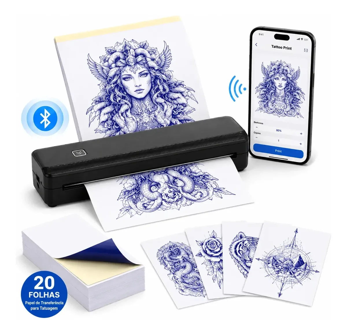 Impressora Termica Portatil A4 Bluetooth Sem Fio 1500mAh Com 20 Folhas Papel Decalque…
